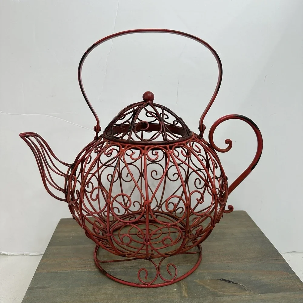Vtg Large Metal Teapot Basket Filigree Tea Time Metal Home Decor Rustic W Handle